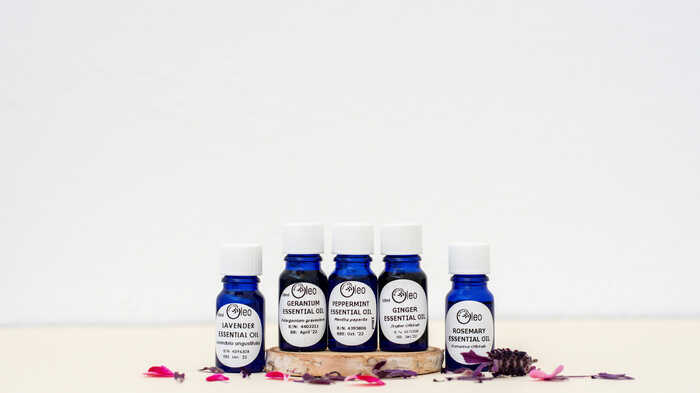 Oleo Bodycare Essential Oils Oleo Bodycare Essential Oils set out on a table top surrounded by flower petals